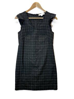 LOFT Dress Womens Size 0 Black Windowpane Check Ruffle Sleeve Sheath Work Career